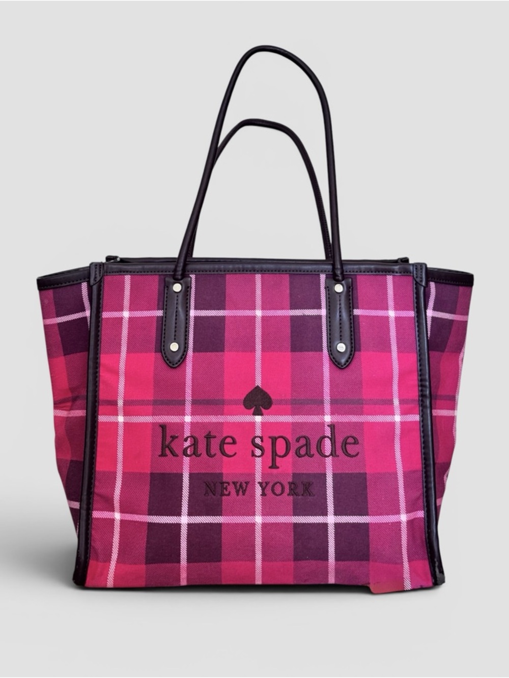 Kate Spade Ella Plaid Tote Bright Rose Pink Tartan Canvas Leather Trim Carryall